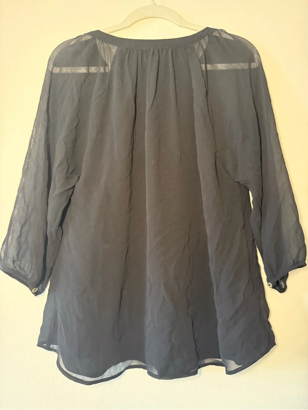 Calvin Klein Black Sheer Gathered Neck Blouse